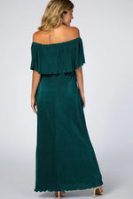 PinkBlush Forest Green Pleated Ruffle Off Shoulder Maternity Maxi Dress - 