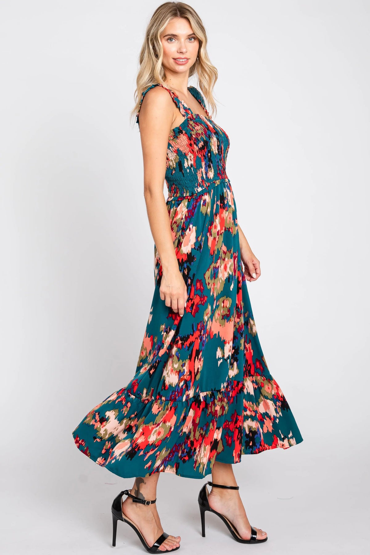 PinkBlush Forest Green Printed Smocked Midi Dress - 