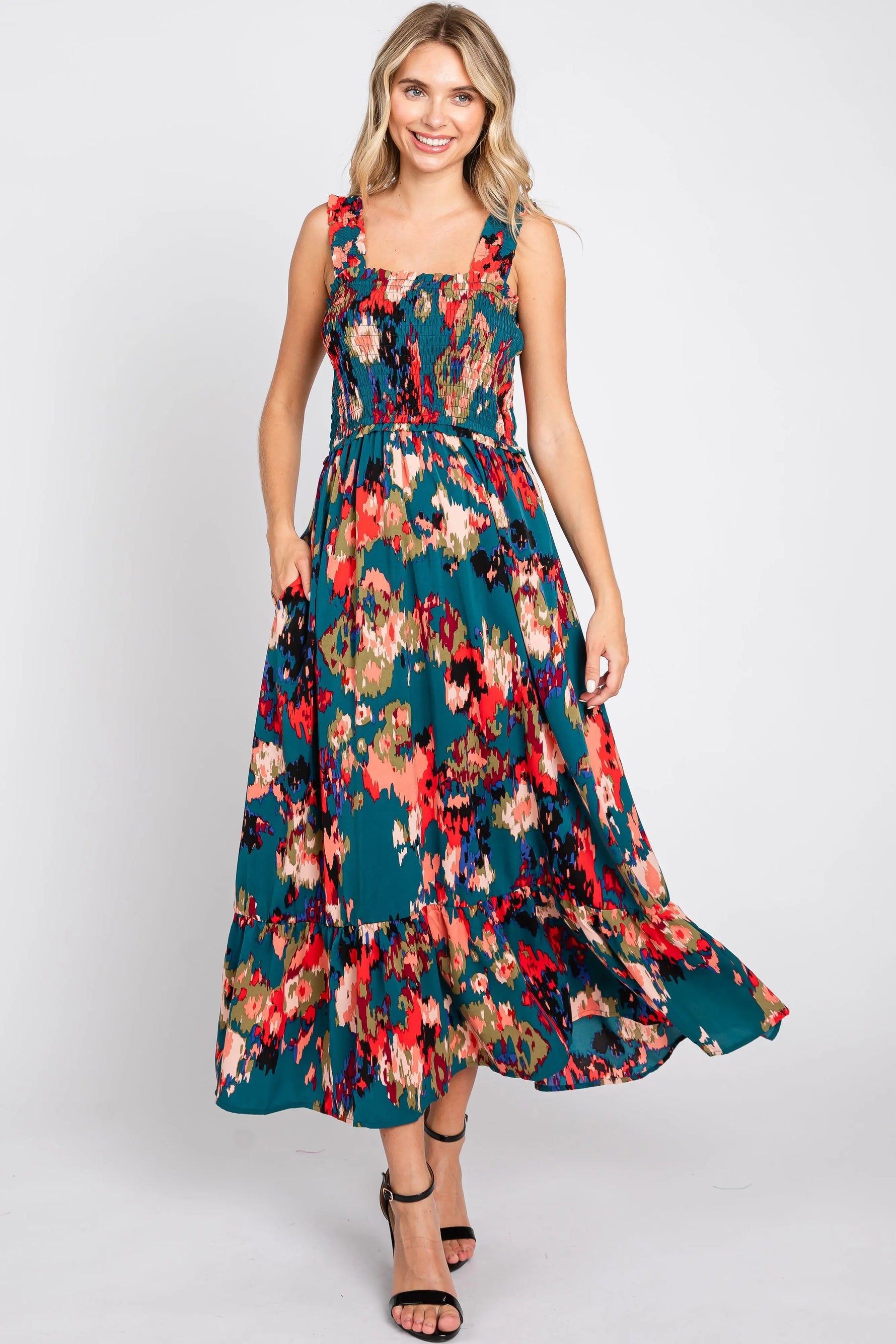 PinkBlush Forest Green Printed Smocked Midi Dress - 