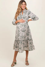 PinkBlush Forest Green Printed Split Ruffle Collar Maternity Midi Dress - 