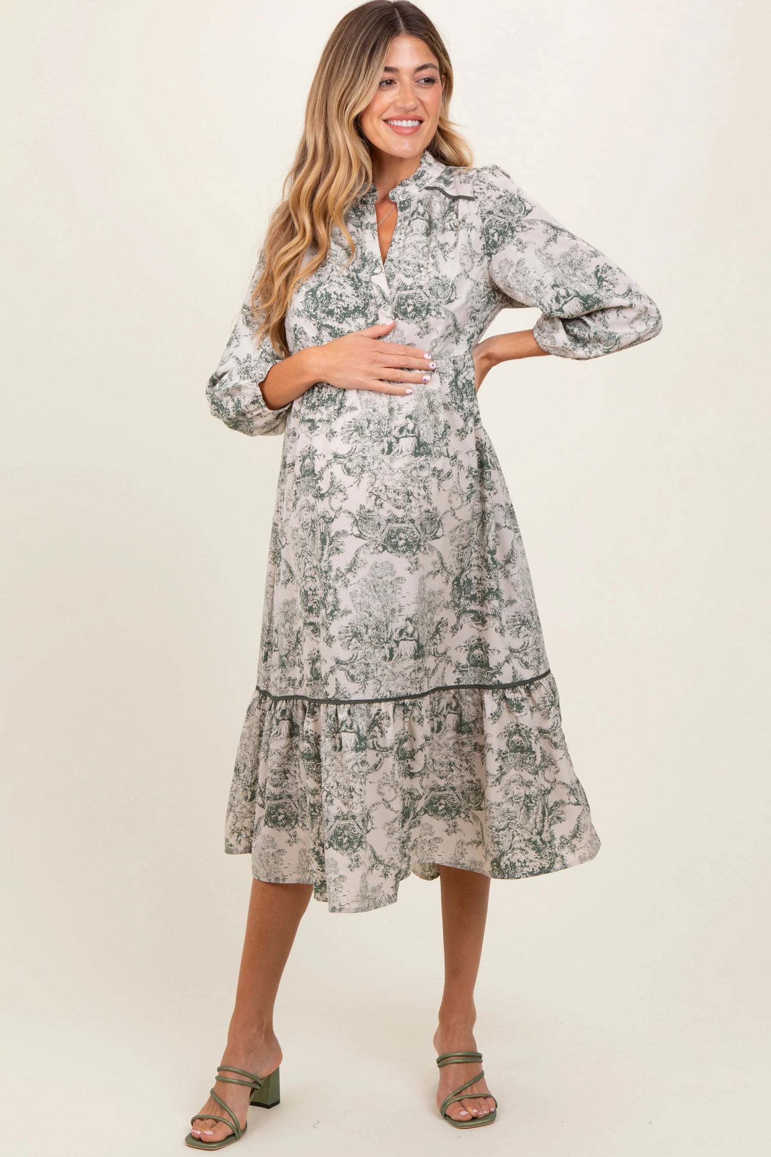 PinkBlush Forest Green Printed Split Ruffle Collar Maternity Midi Dress - 