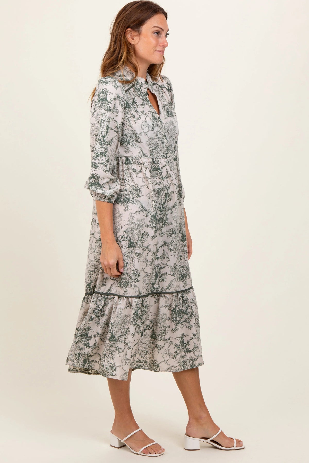 PinkBlush Forest Green Printed Split Ruffle Collar Midi Dress - 