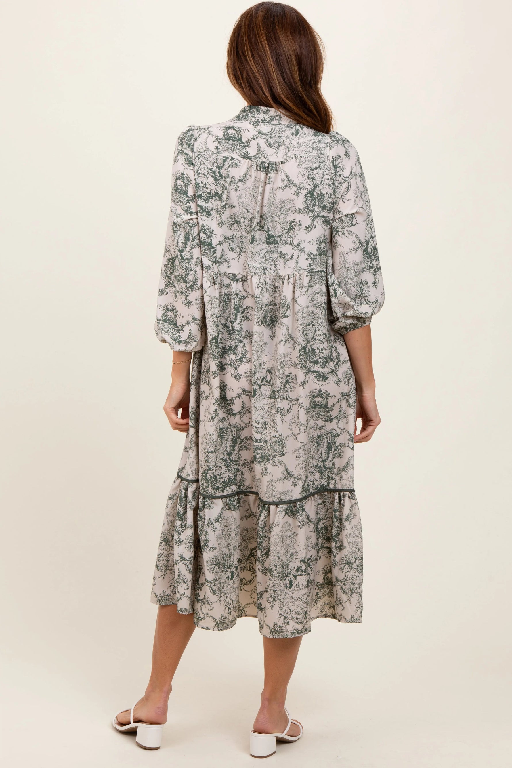 PinkBlush Forest Green Printed Split Ruffle Collar Midi Dress - 