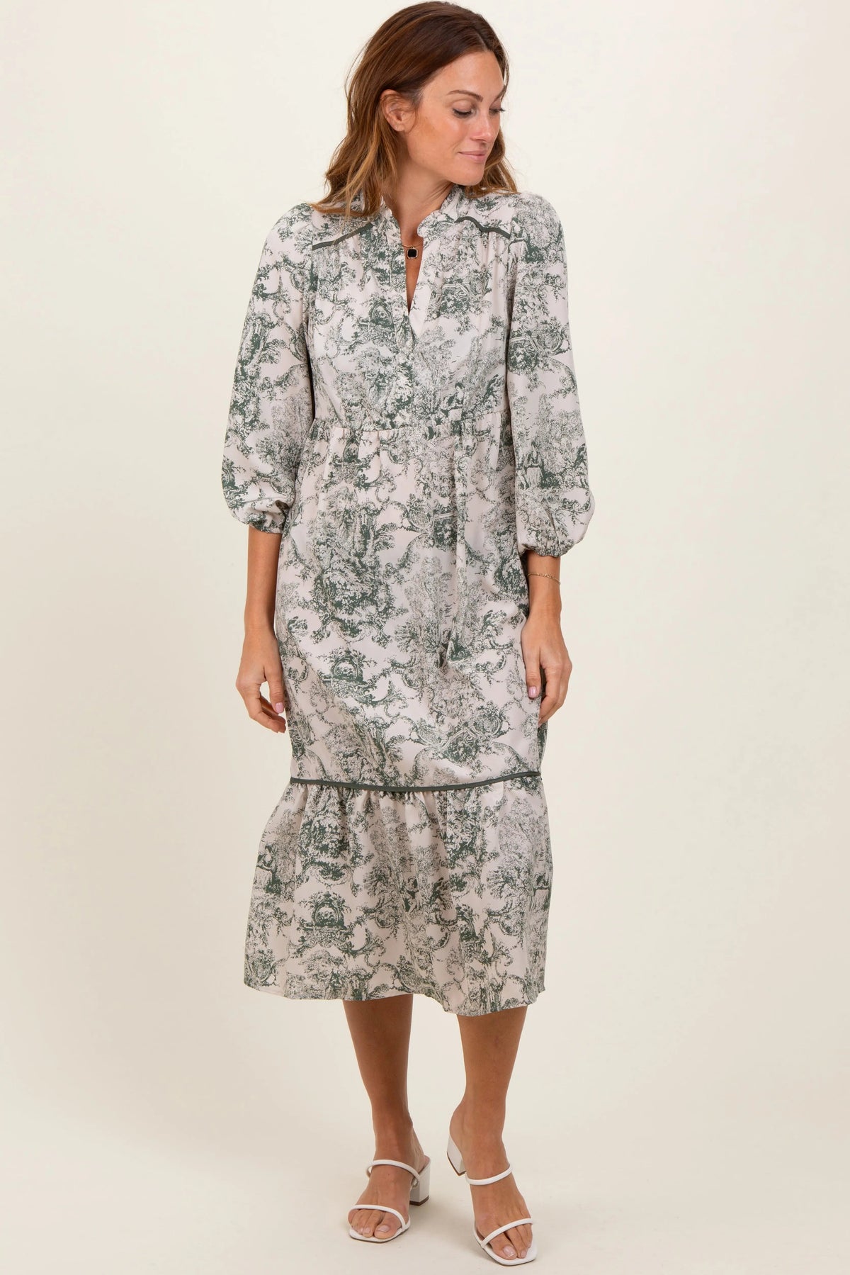 Forest Green Printed Split Ruffle Collar Midi Dress - Neck, Day Dress, Dress, Waist, One-piece garment | Everetts Place