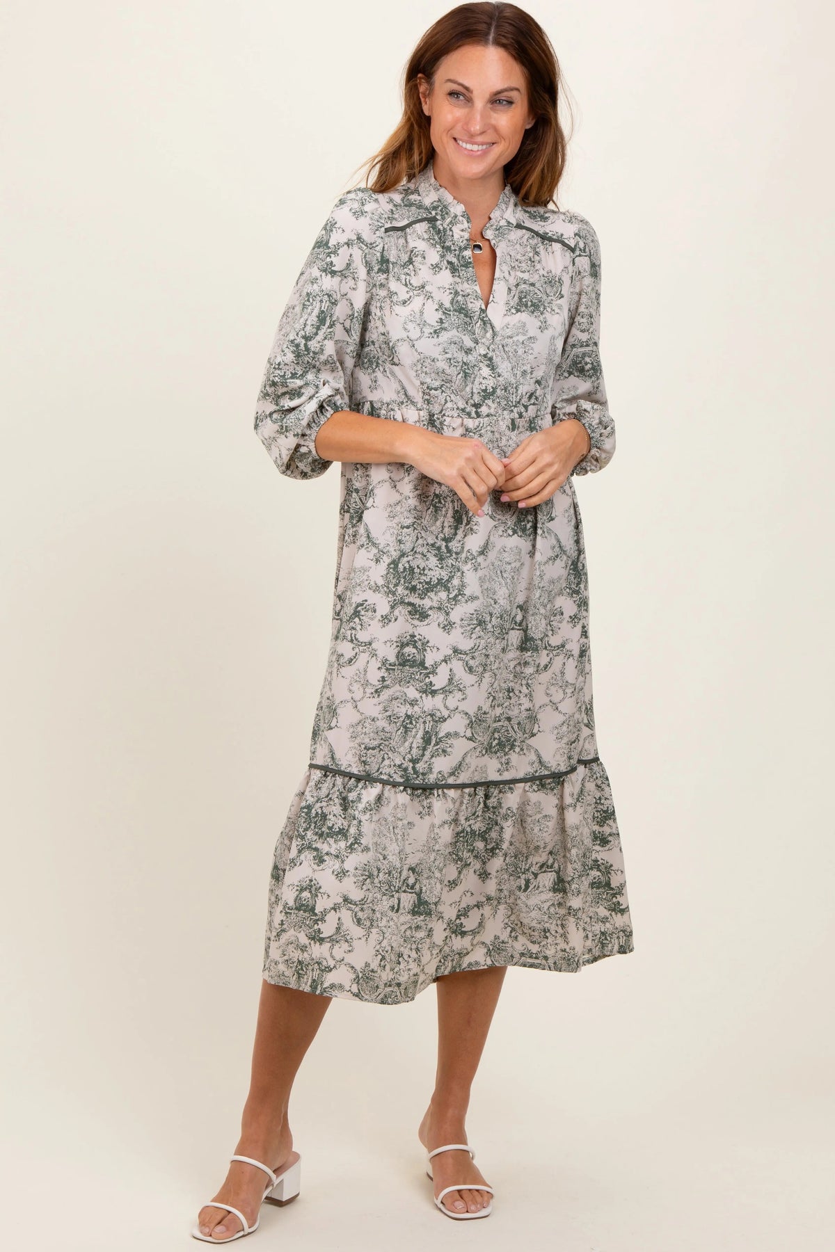 PinkBlush Forest Green Printed Split Ruffle Collar Midi Dress - 