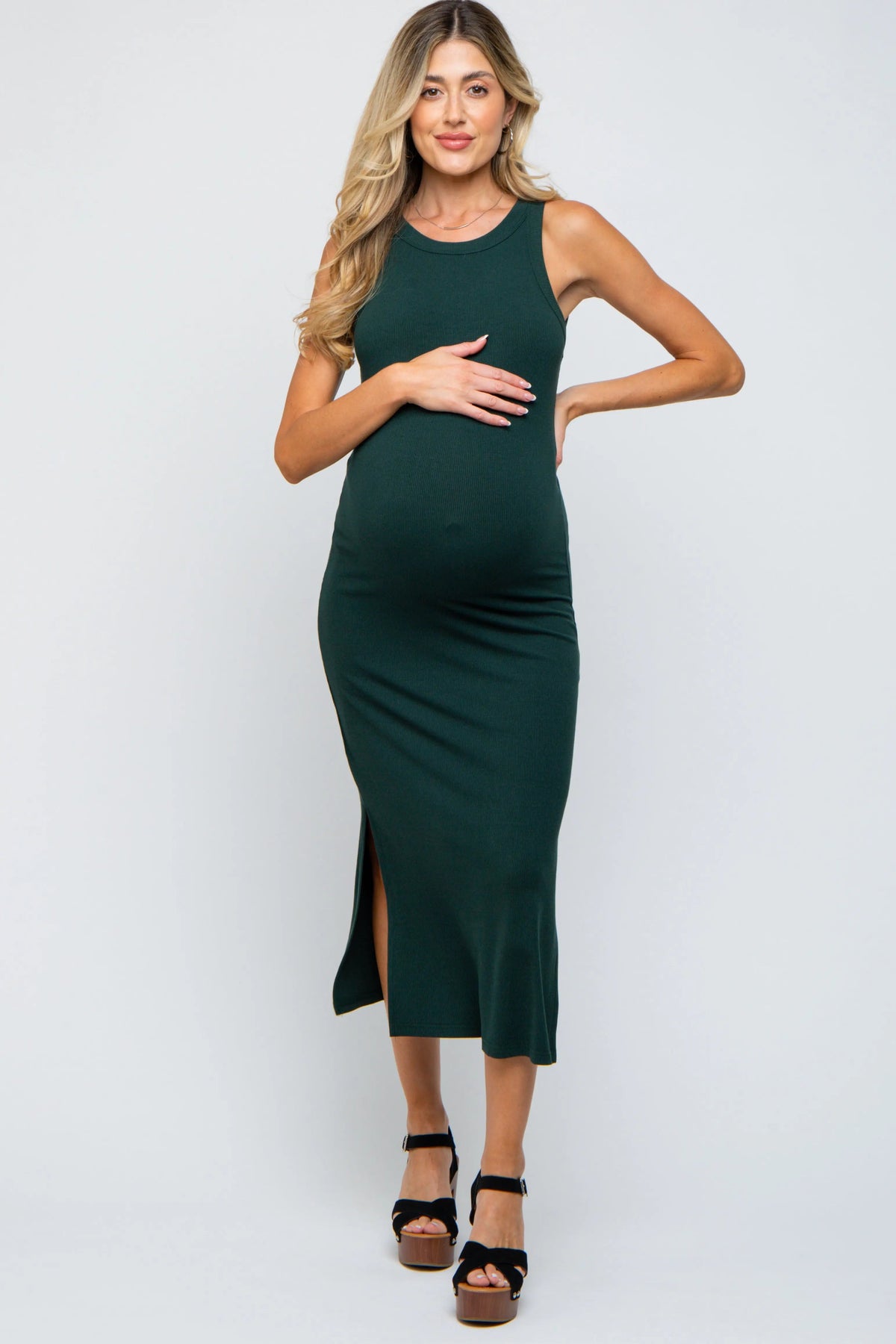 PinkBlush Forest Green Ribbed Maternity Side Slit Tank Dress - 
