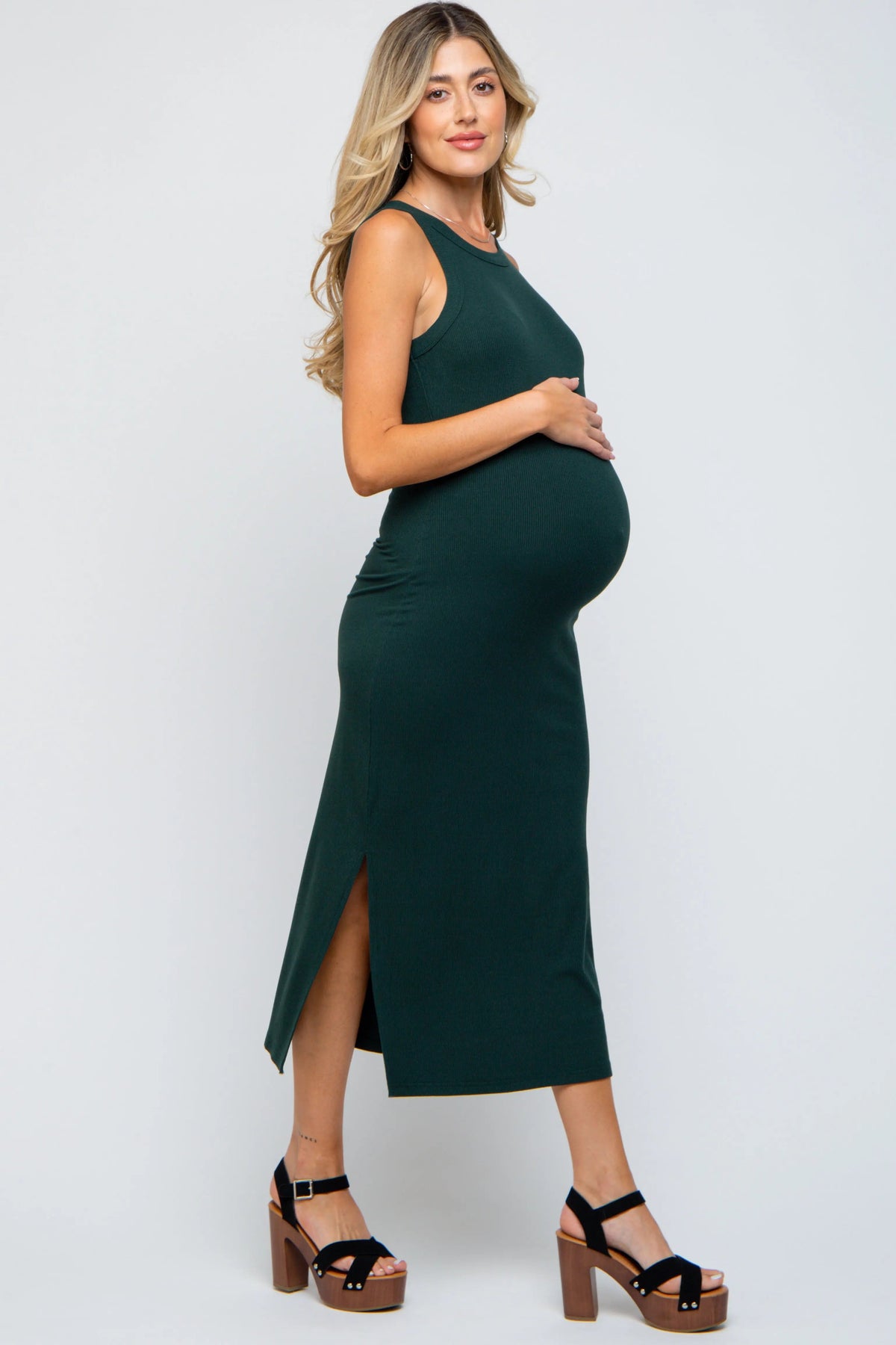 PinkBlush Forest Green Ribbed Maternity Side Slit Tank Dress - 