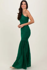 PinkBlush Forest Green Ruched Mesh One Shoulder Maxi Dress - 