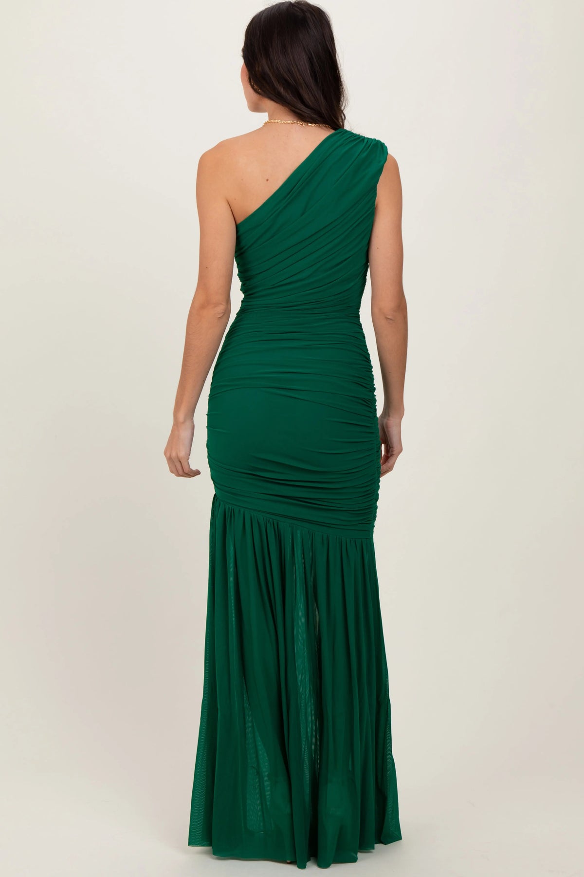 PinkBlush Forest Green Ruched Mesh One Shoulder Maxi Dress - 