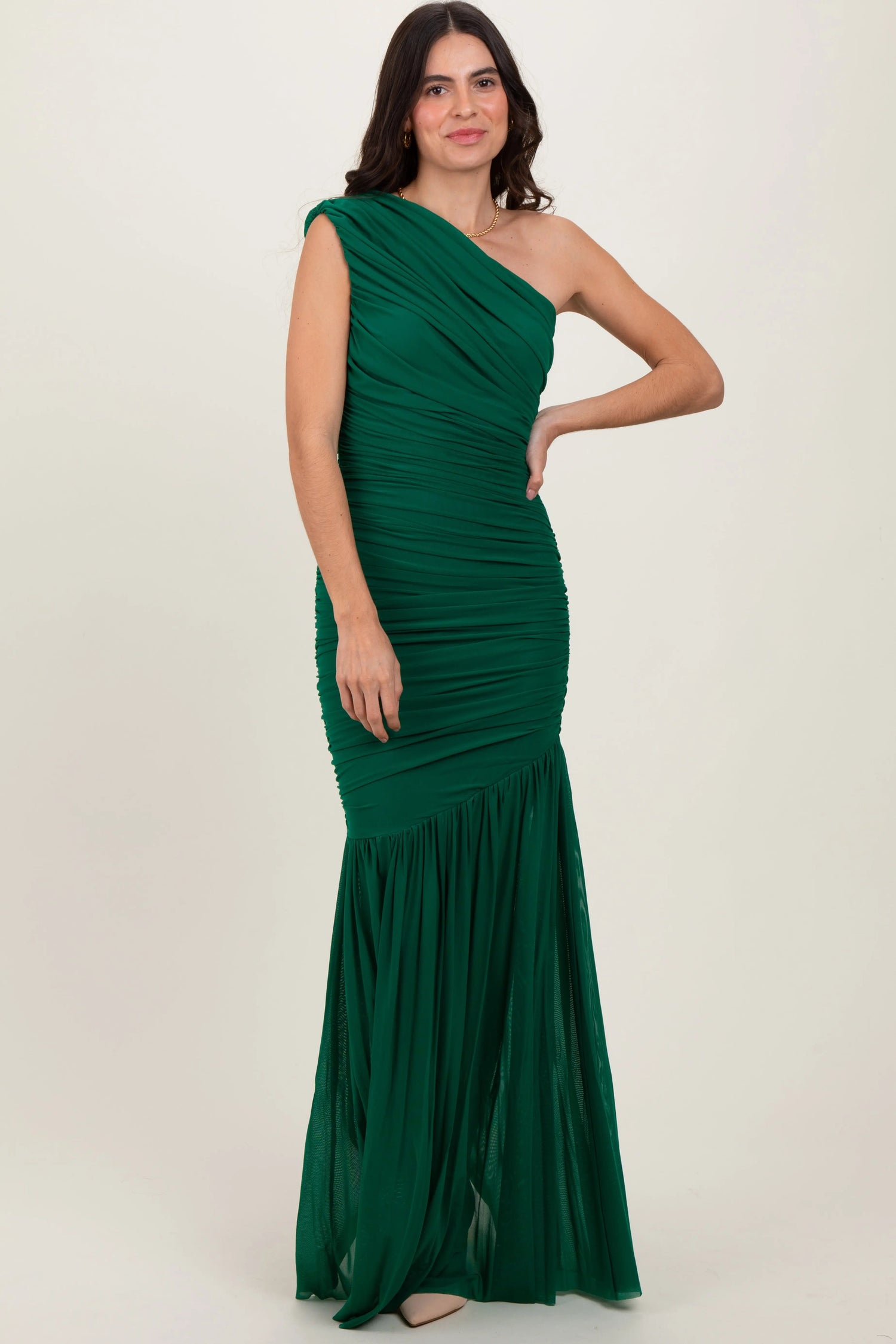 PinkBlush Forest Green Ruched Mesh One Shoulder Maxi Dress - 