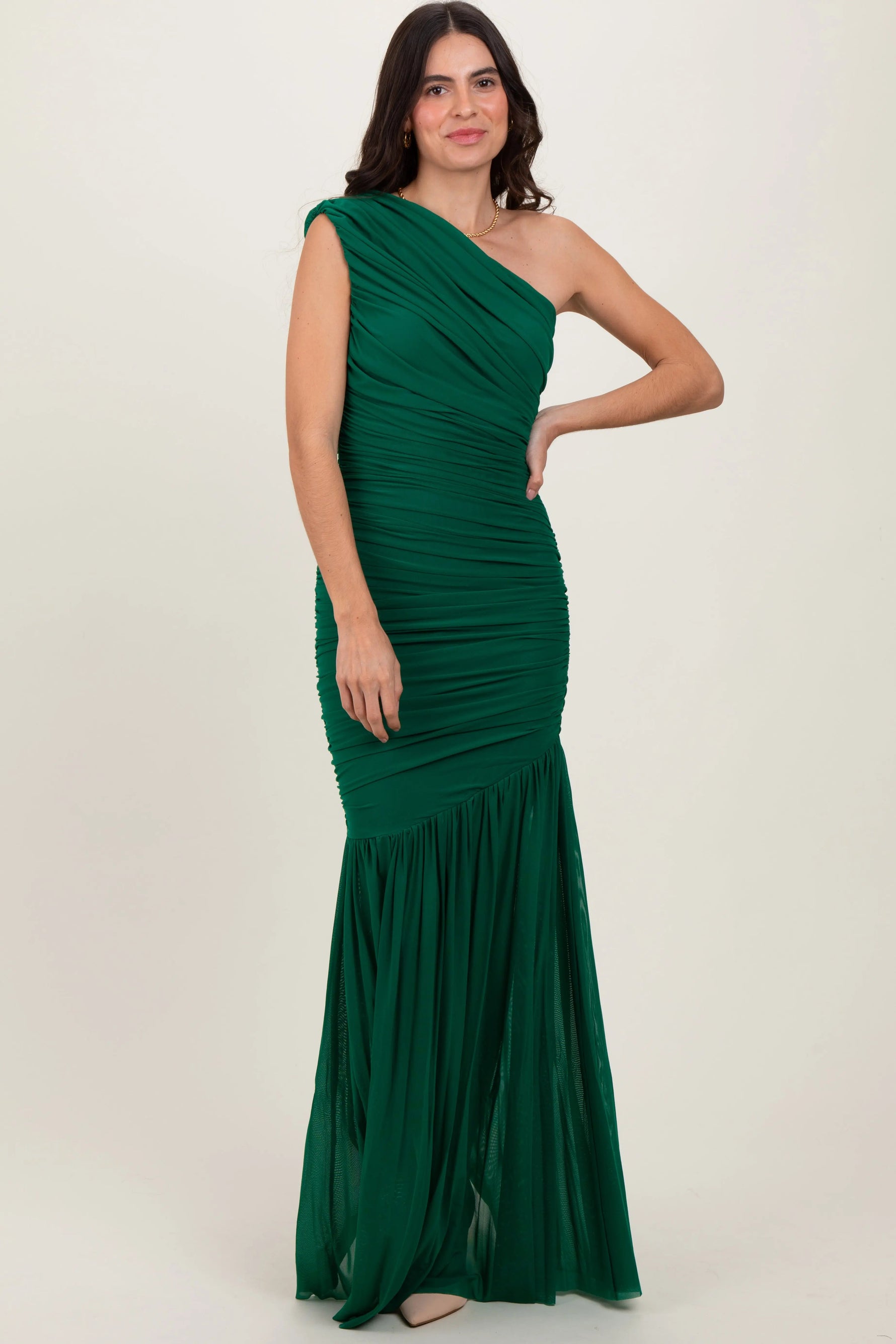 PinkBlush Forest Green Ruched Mesh One Shoulder Maxi Dress - 