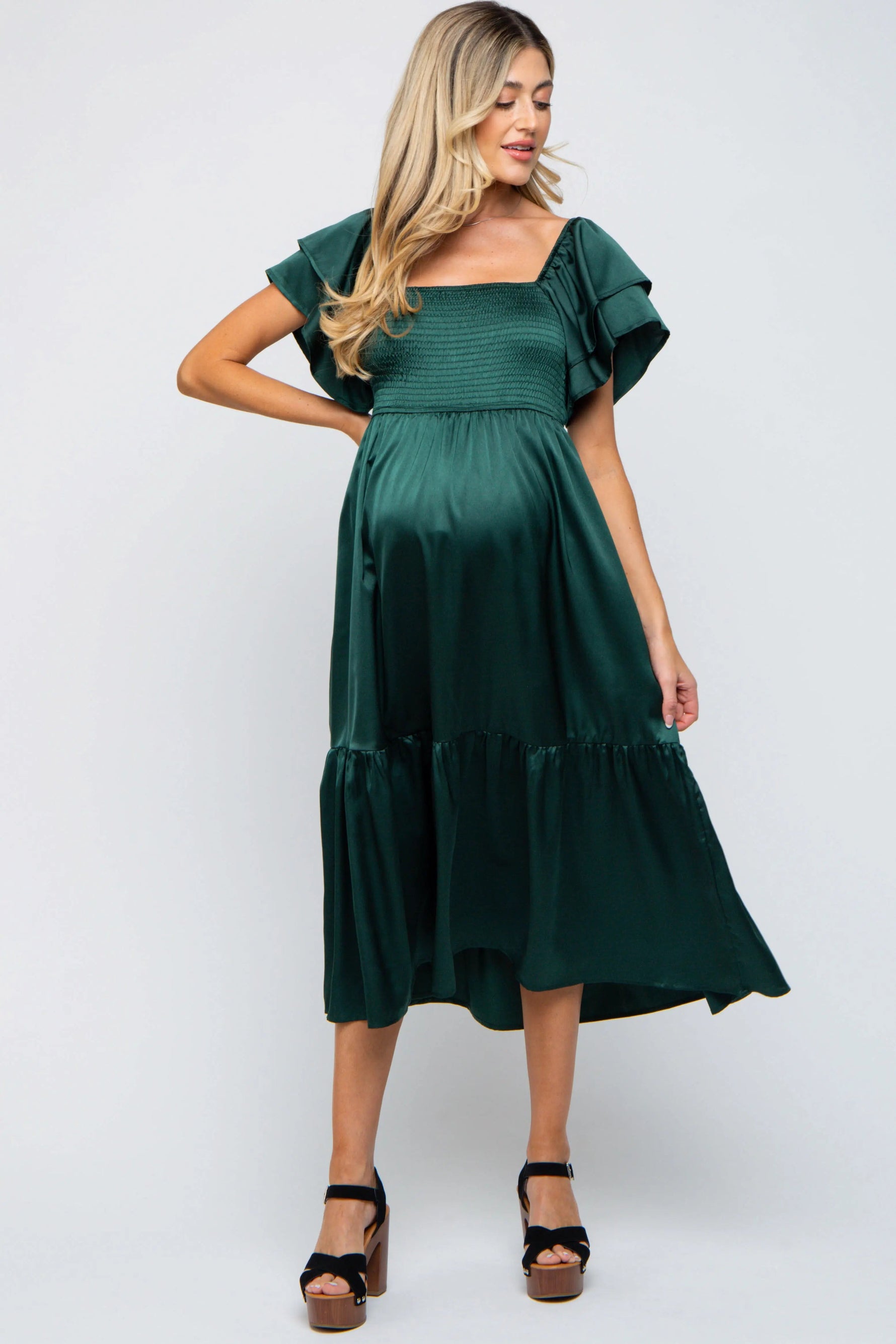PinkBlush Forest Green Satin Flutter Sleeve Maternity Midi Dress - 