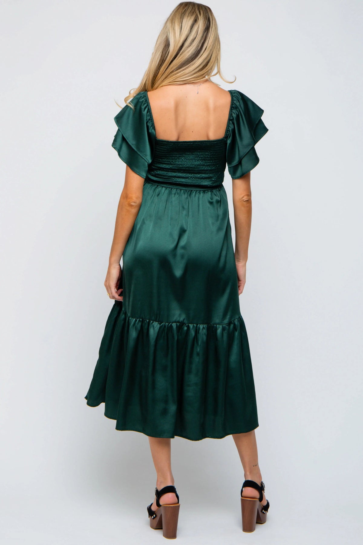 PinkBlush Forest Green Satin Flutter Sleeve Maternity Midi Dress - 