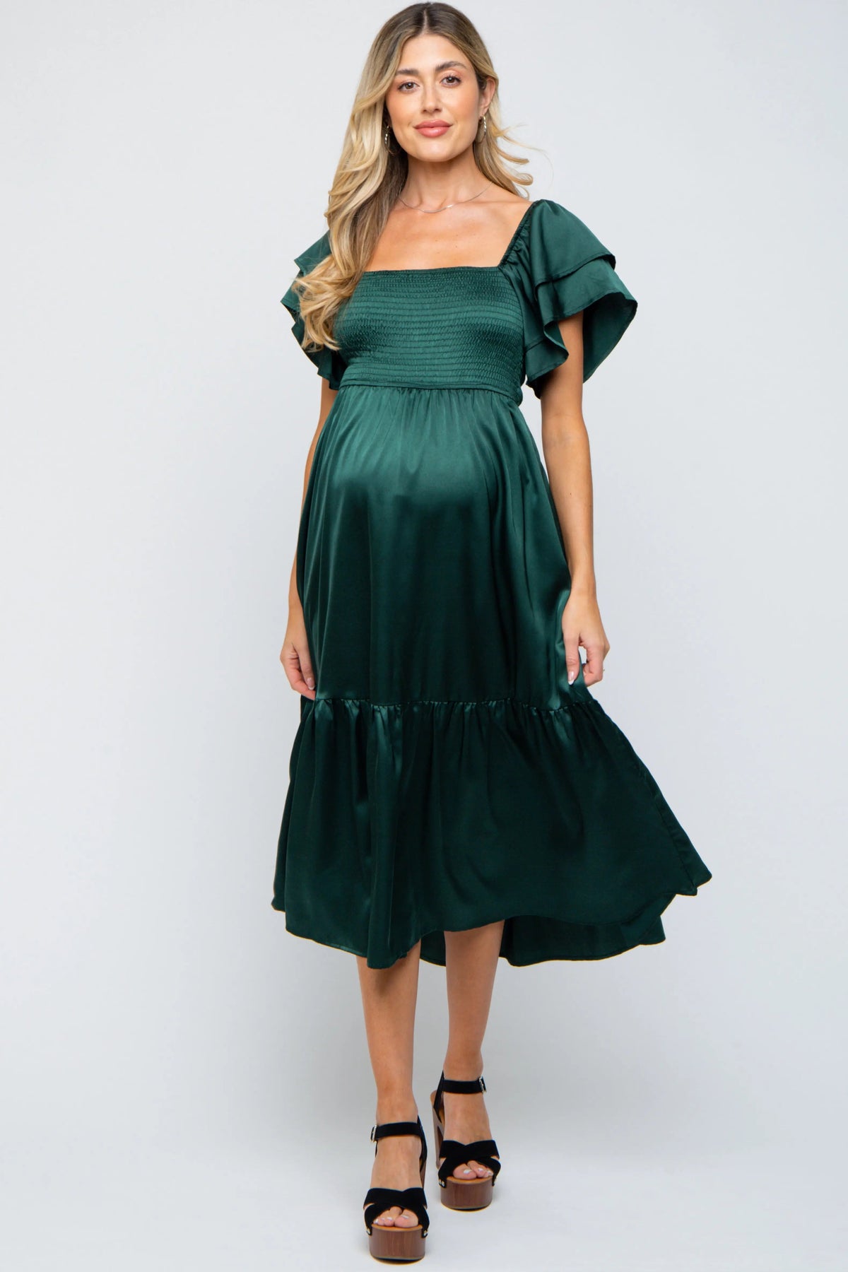 PinkBlush Forest Green Satin Flutter Sleeve Maternity Midi Dress - 