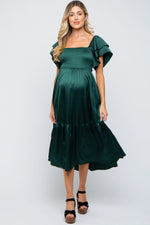 PinkBlush Forest Green Satin Flutter Sleeve Maternity Midi Dress - 