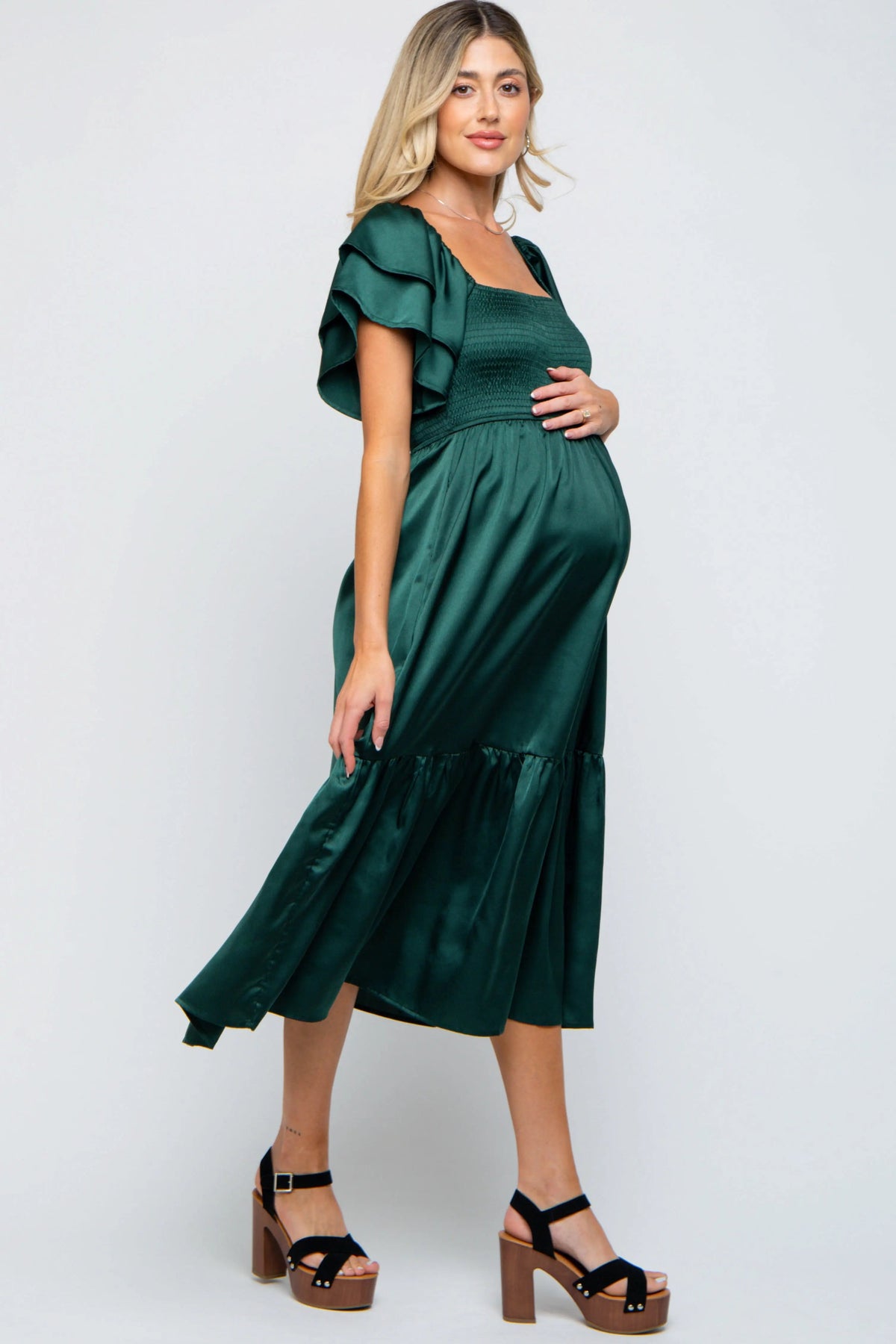 PinkBlush Forest Green Satin Flutter Sleeve Maternity Midi Dress - 