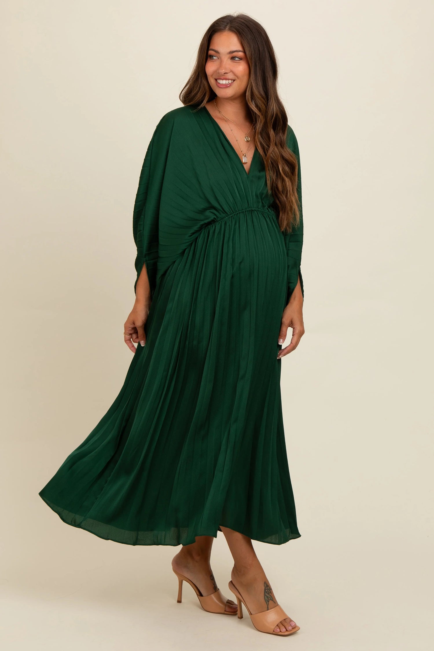 PinkBlush Forest Green Satin Pleated V - Neck Maternity Maxi Dress - 