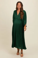 PinkBlush Forest Green Satin Pleated V - Neck Maternity Maxi Dress - 