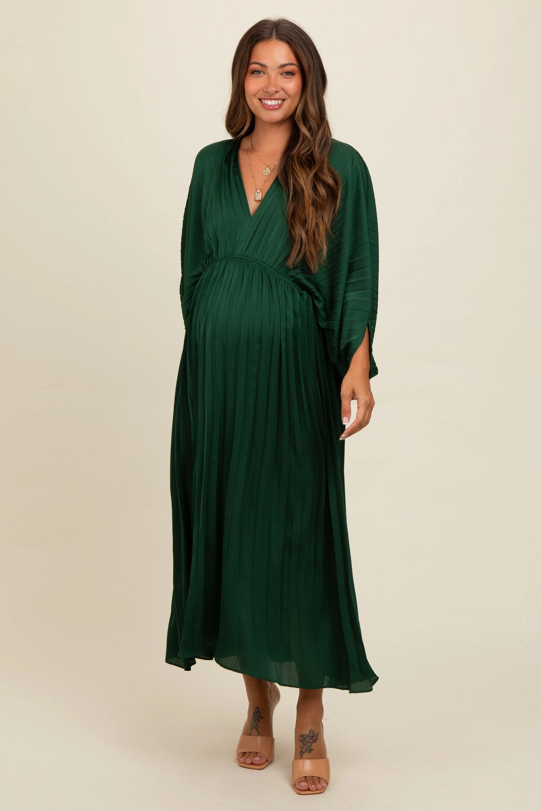 PinkBlush Forest Green Satin Pleated V - Neck Maternity Maxi Dress - 