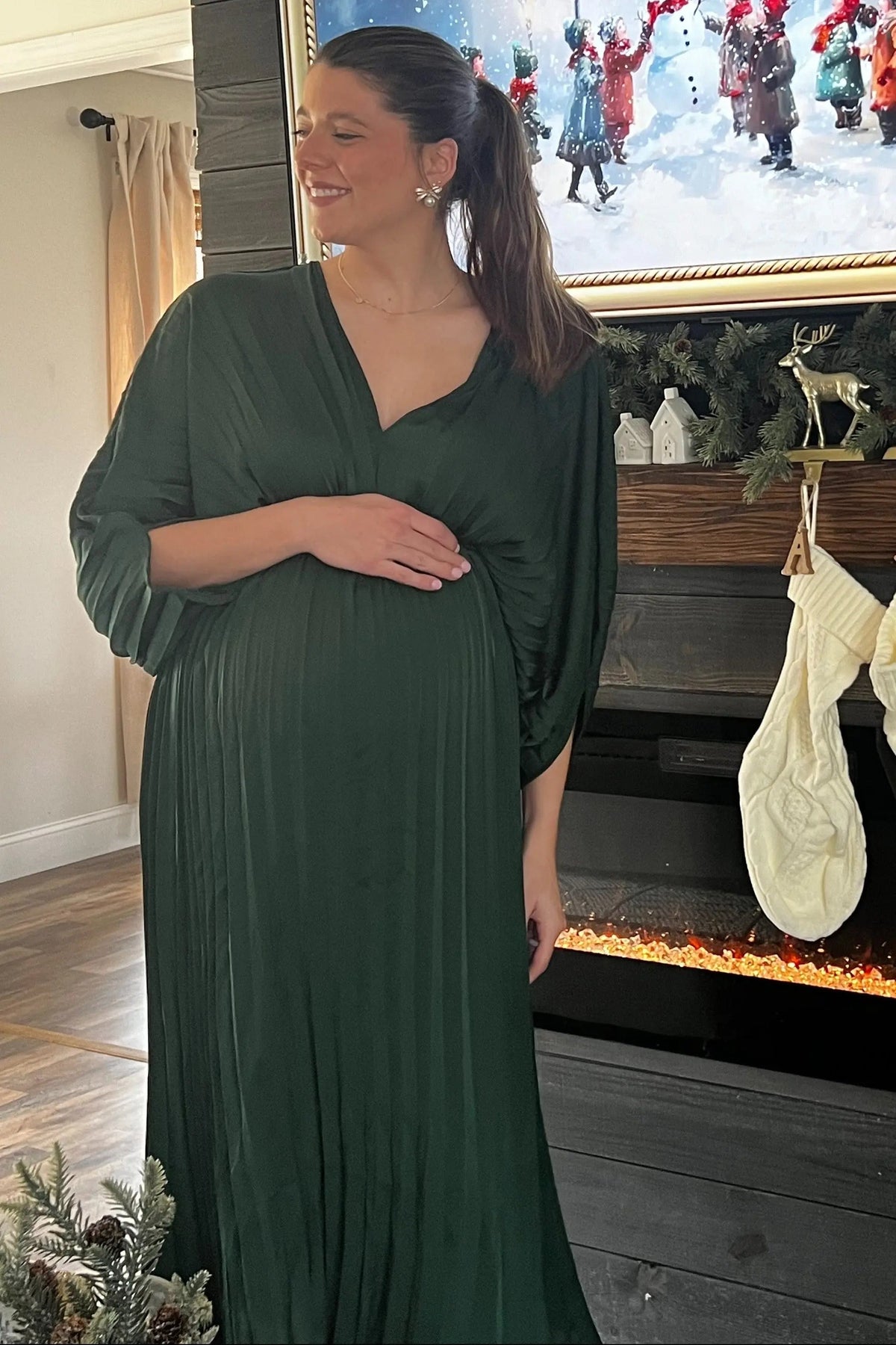 PinkBlush Forest Green Satin Pleated V - Neck Maternity Maxi Dress - 