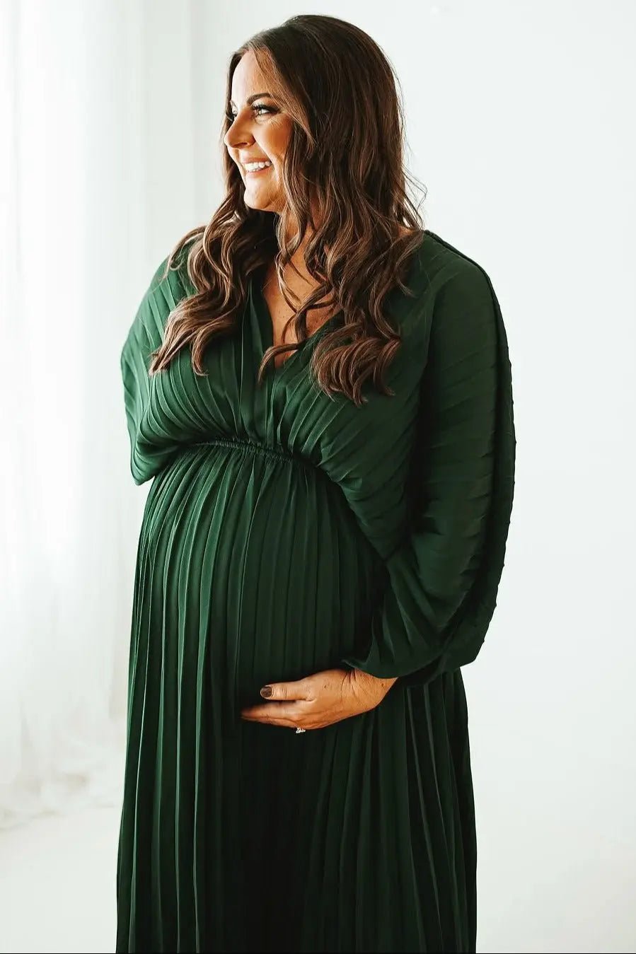 PinkBlush Forest Green Satin Pleated V - Neck Maternity Maxi Dress - 