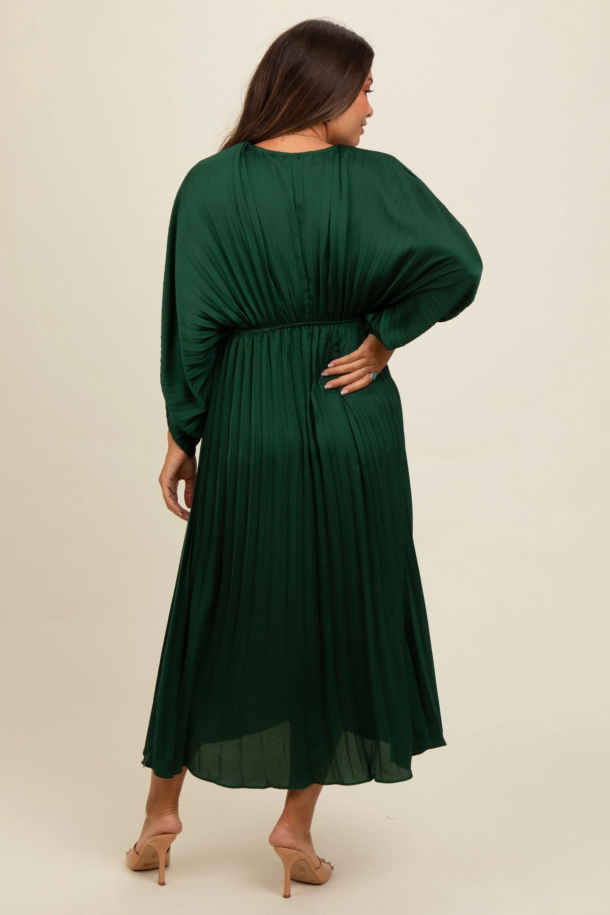 PinkBlush Forest Green Satin Pleated V - Neck Maternity Maxi Dress - 