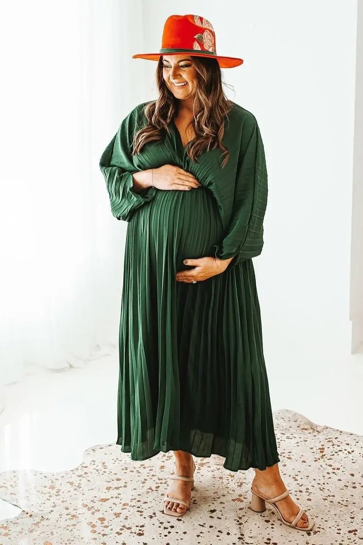 PinkBlush Forest Green Satin Pleated V - Neck Maternity Maxi Dress - 