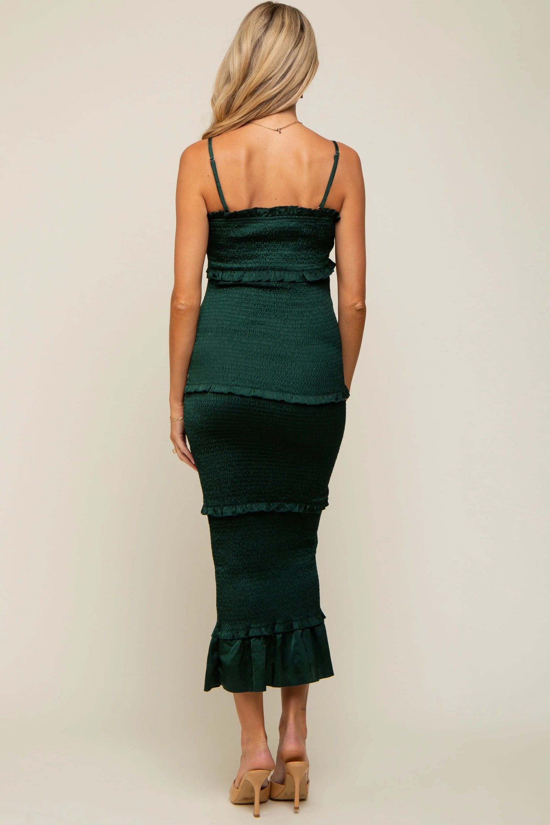 PinkBlush Forest Green Satin Smocked Fitted Maternity Maxi Dress - 