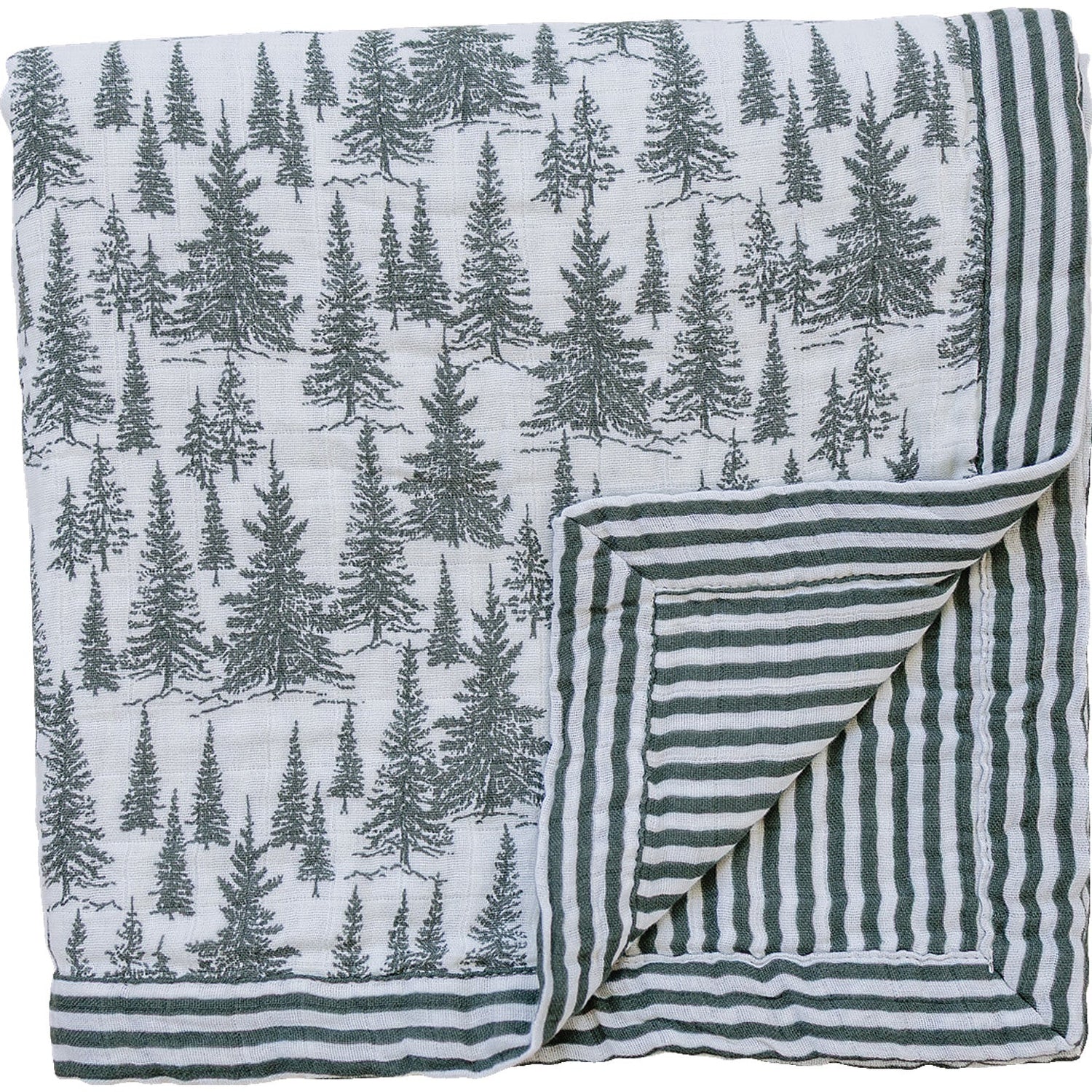 Muslin baby quilt with a forest tree print on one side and green stripes on the reverse