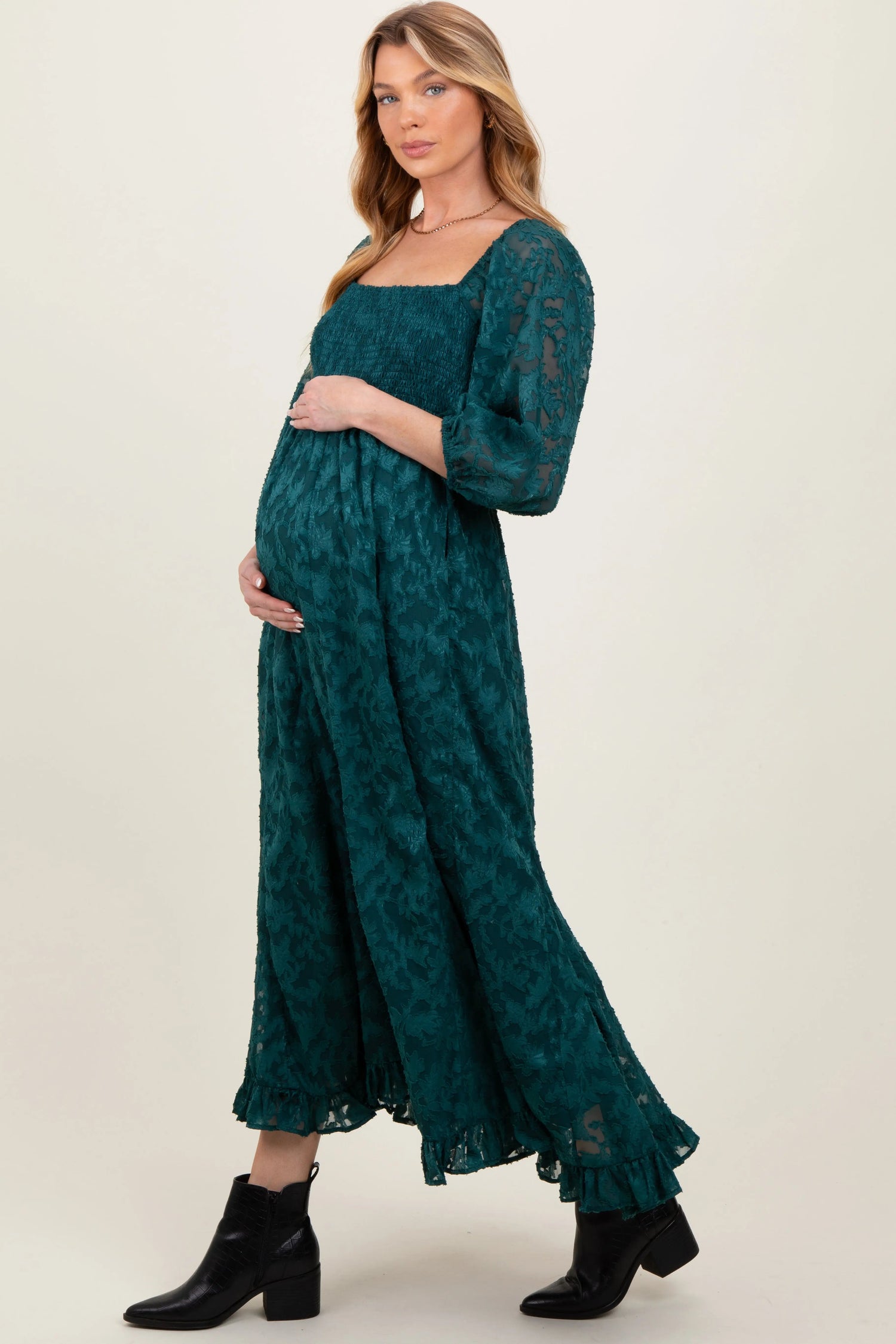 PinkBlush Forest Green Textured Overlay Smocked Ruffled Hem Maternity Maxi Dress - 