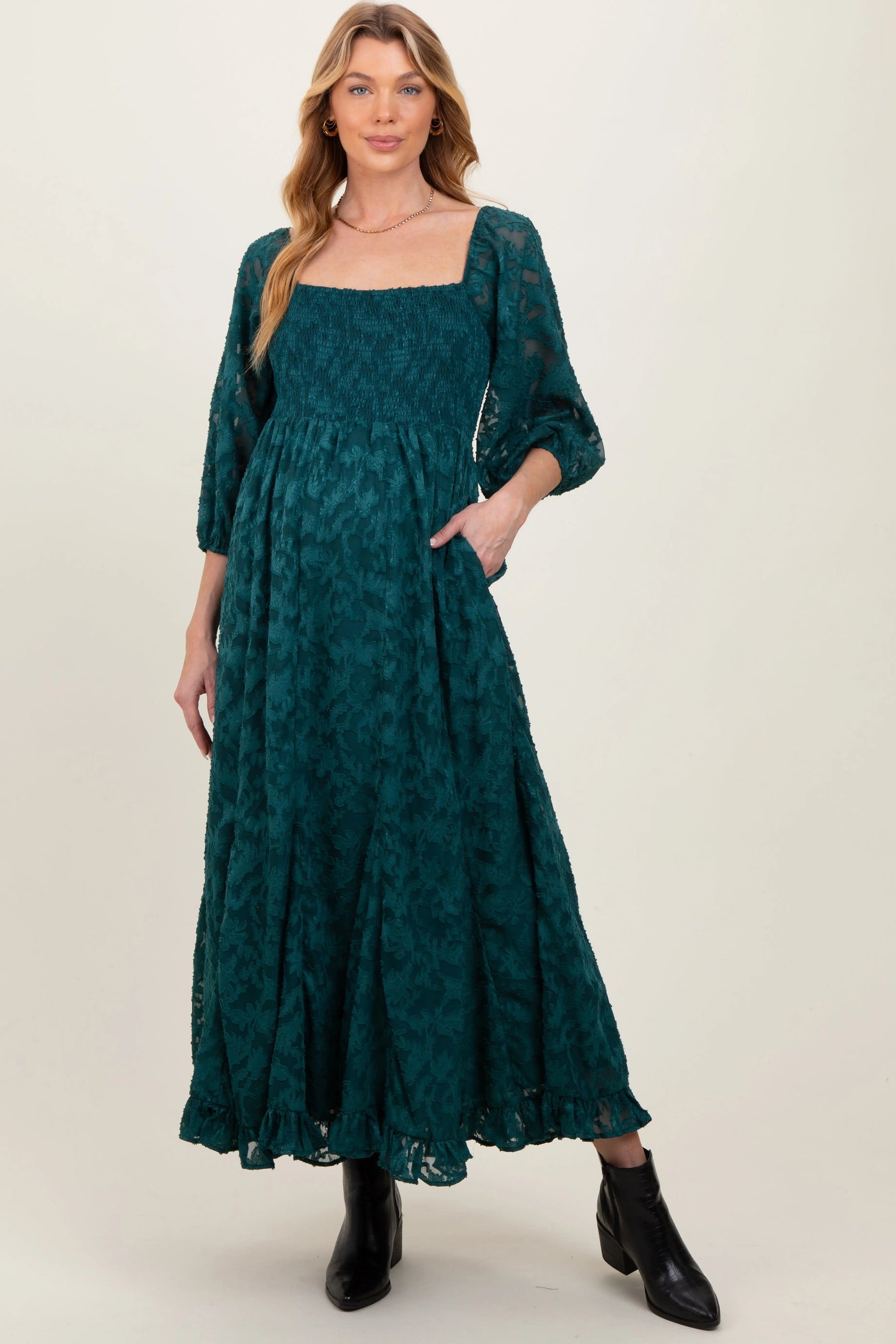PinkBlush Forest Green Textured Overlay Smocked Ruffled Hem Maternity Maxi Dress - 