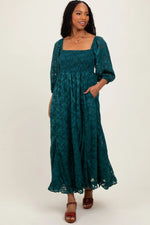 PinkBlush Forest Green Textured Overlay Smocked Ruffled Hem Maternity Maxi Dress - 