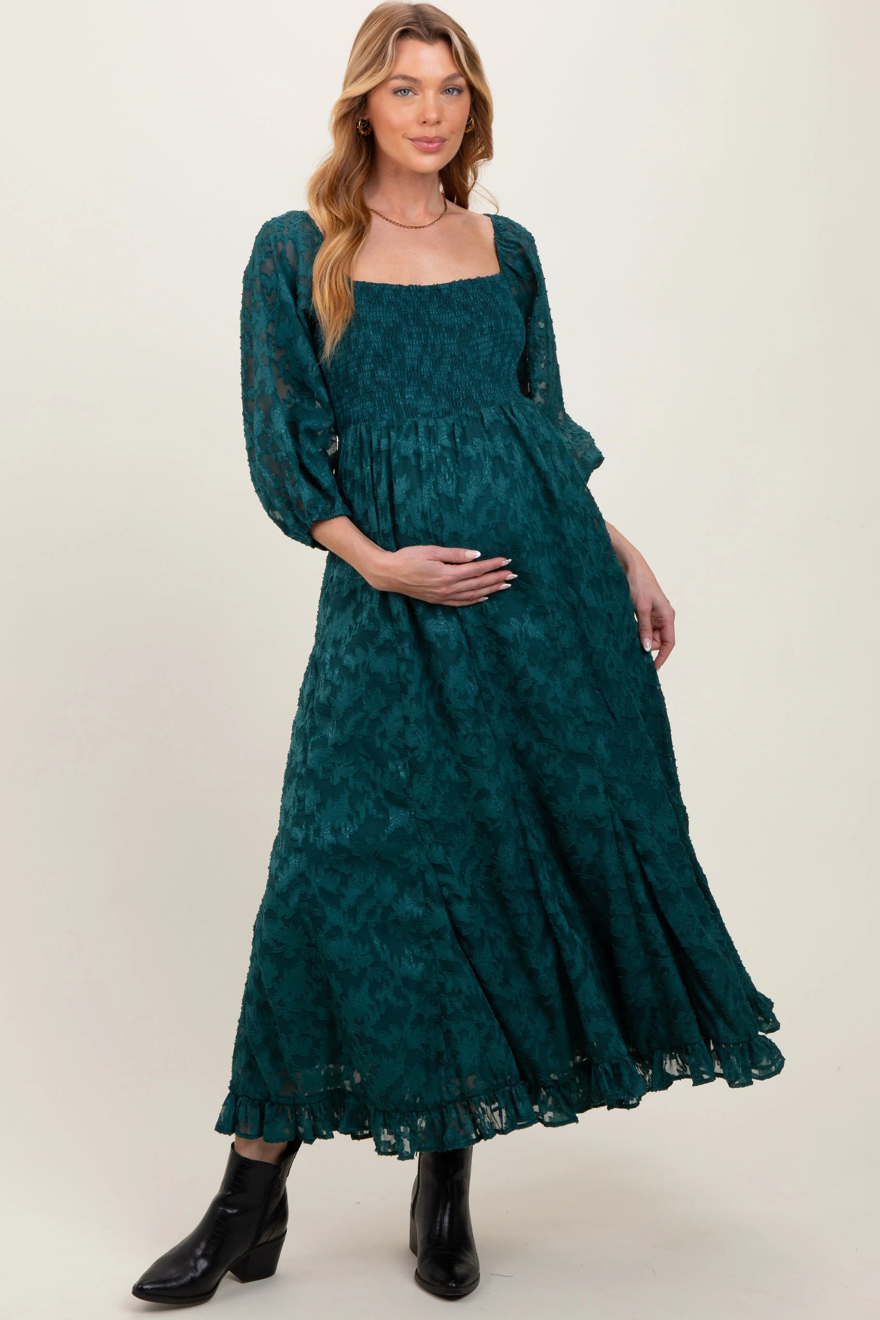PinkBlush Forest Green Textured Overlay Smocked Ruffled Hem Maternity Maxi Dress - 