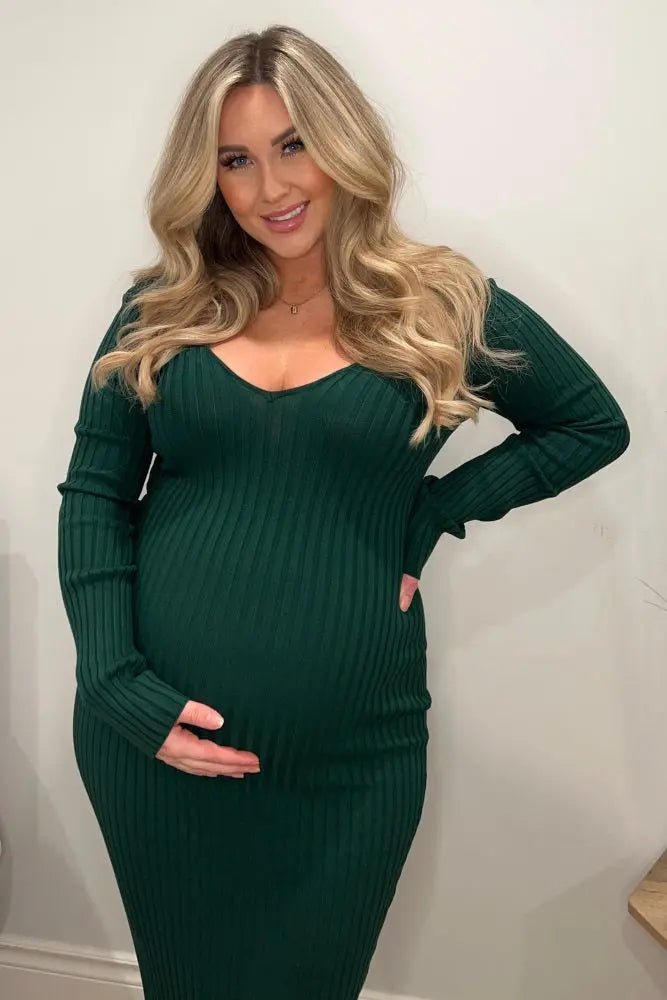 PinkBlush Forest Green V - Neck Long Sleeve Fitted Maternity Maxi Dress - 