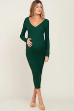 PinkBlush Forest Green V - Neck Long Sleeve Fitted Maternity Maxi Dress - 