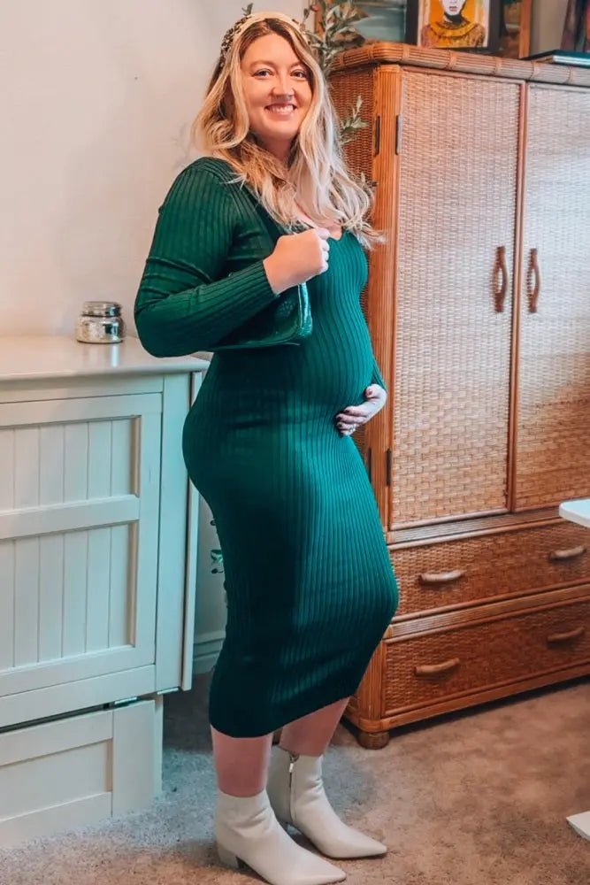 PinkBlush Forest Green V - Neck Long Sleeve Fitted Maternity Maxi Dress - 