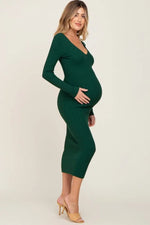 PinkBlush Forest Green V - Neck Long Sleeve Fitted Maternity Maxi Dress - 