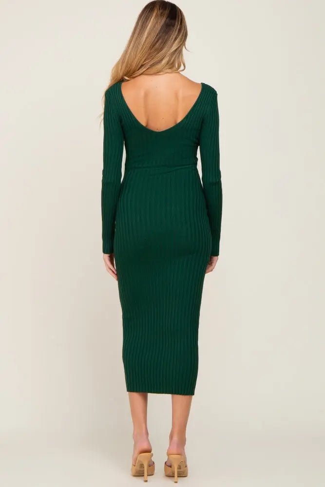 PinkBlush Forest Green V - Neck Long Sleeve Fitted Maternity Maxi Dress - 