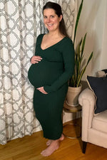 PinkBlush Forest Green V - Neck Long Sleeve Fitted Maternity Maxi Dress - 