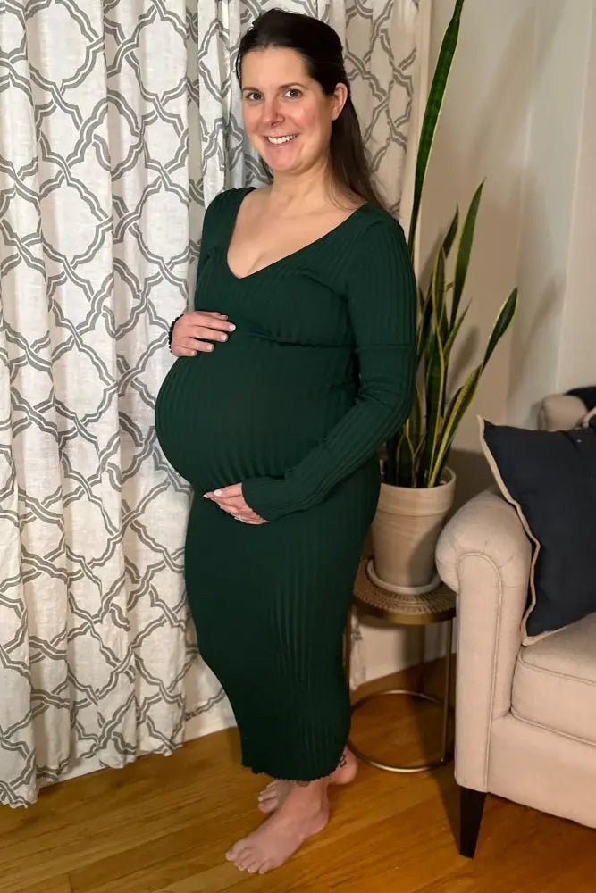 PinkBlush Forest Green V - Neck Long Sleeve Fitted Maternity Maxi Dress - 