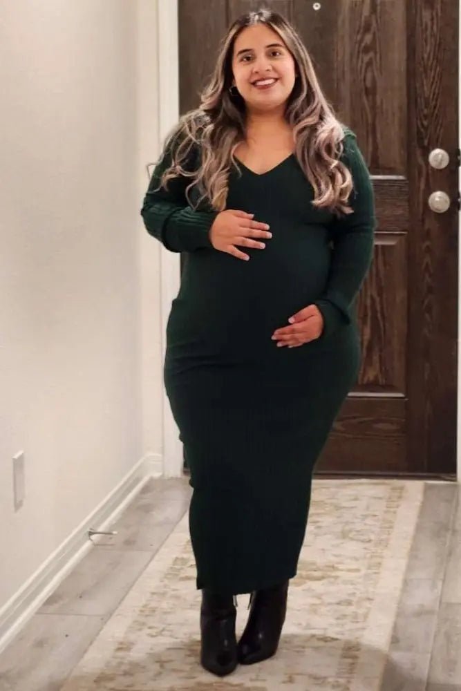 PinkBlush Forest Green V - Neck Long Sleeve Fitted Maternity Maxi Dress - 