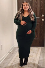 PinkBlush Forest Green V - Neck Long Sleeve Fitted Maternity Maxi Dress - 