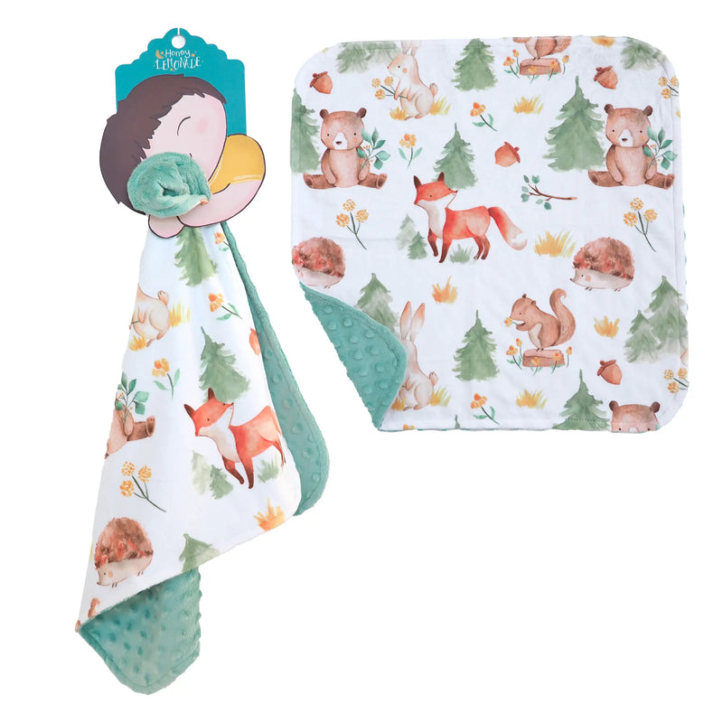 Mini Minky - Forest Friends toddler blanket with soft Minky fabric and forest animal print, perfect for travel or home use.