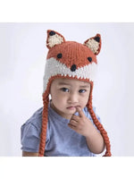 Kolorful Fox Beanie Knit Hat with Fuzzy Ears and Tasseled Ties for Babies and Kids - 
