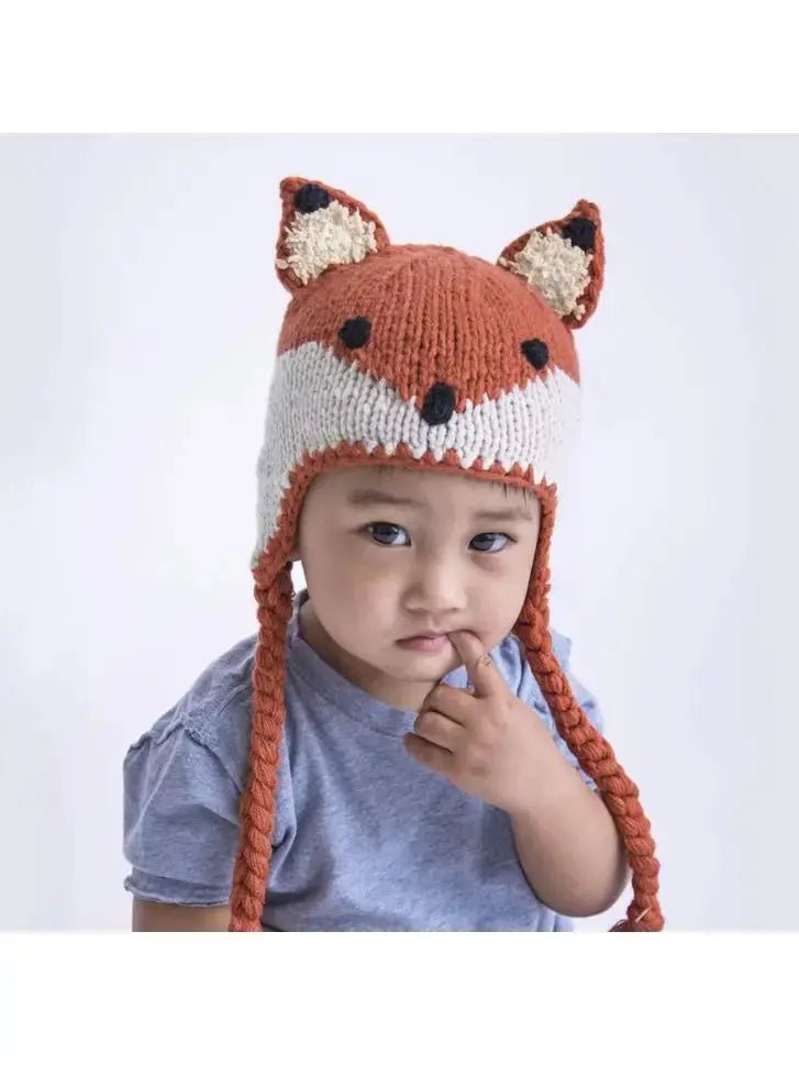 Kolorful Fox Beanie Knit Hat with Fuzzy Ears and Tasseled Ties for Babies and Kids - 