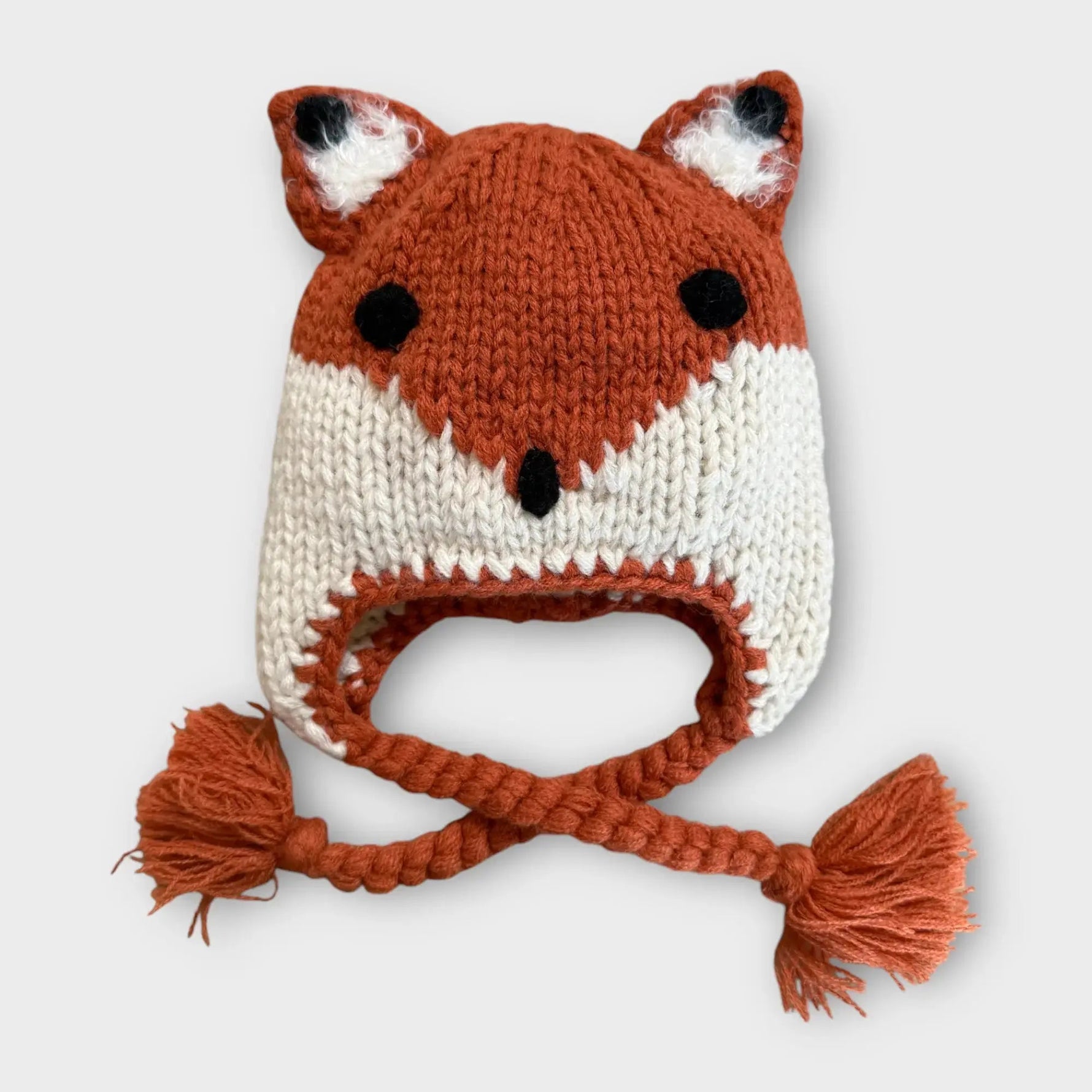 Kolorful Fox Beanie Knit Hat with Fuzzy Ears and Tasseled Ties for Babies and Kids - 