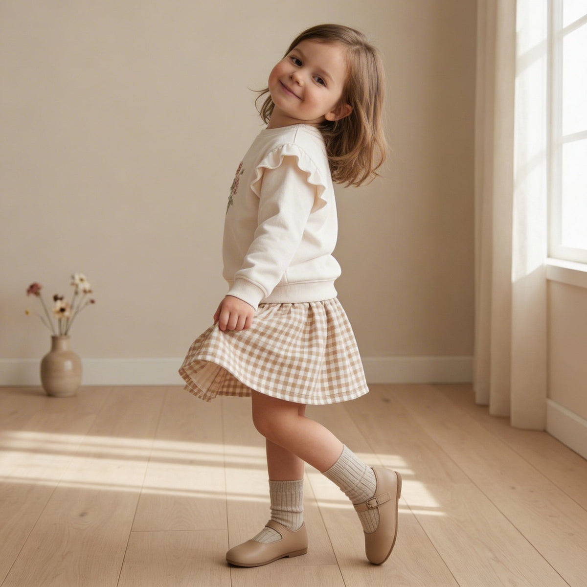 Organic Twill Skirt - Oat Gingham by Makemake Organics