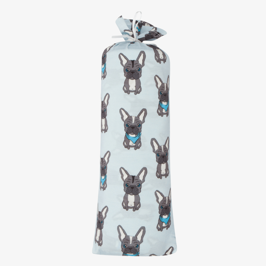 Baby swaddle blanket with a French Bulldog print repeated across both sides of the fabric