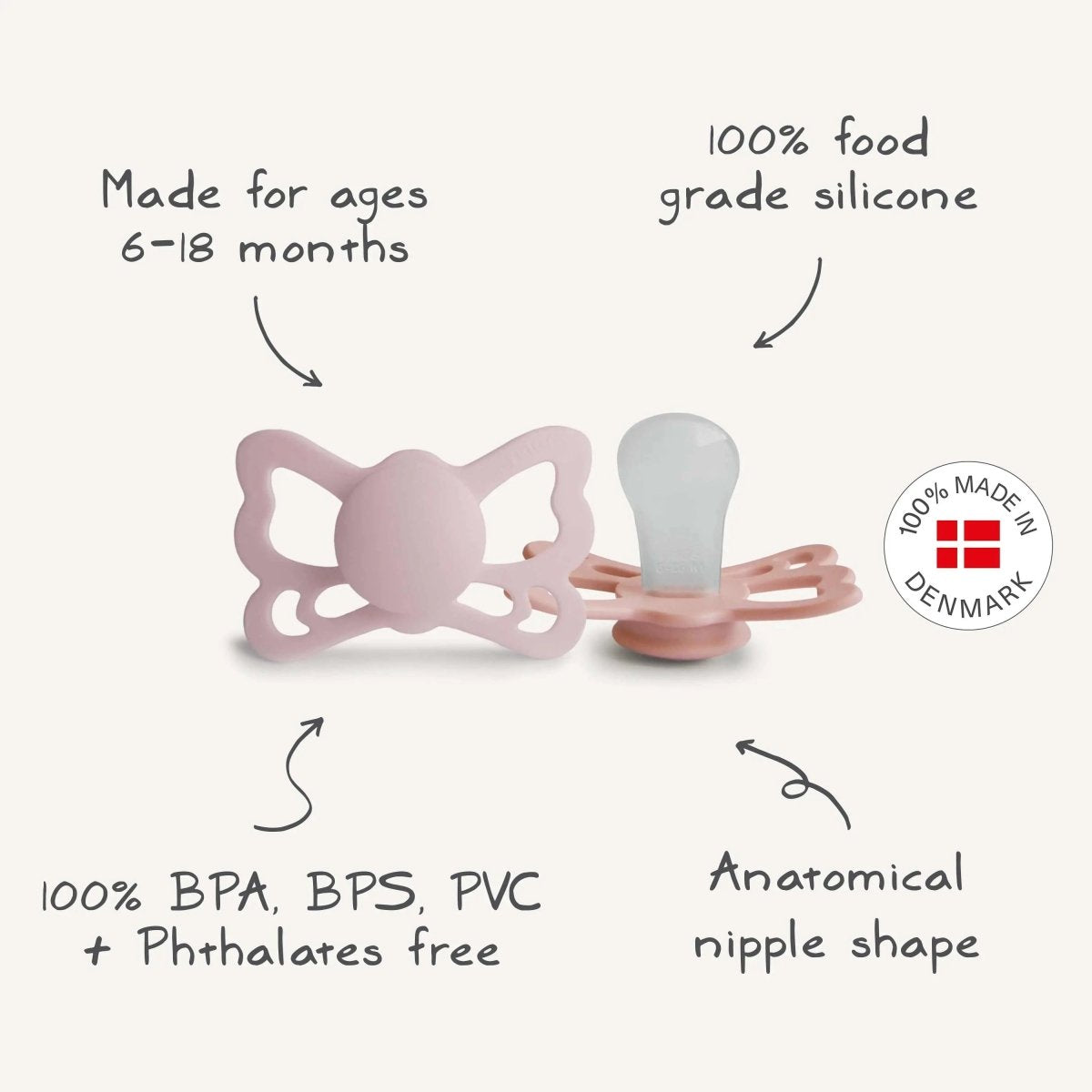 Mushie Frigg Butterfly Anatomical Silicone Pacifier 2 Pack 6 to 18 Months - 