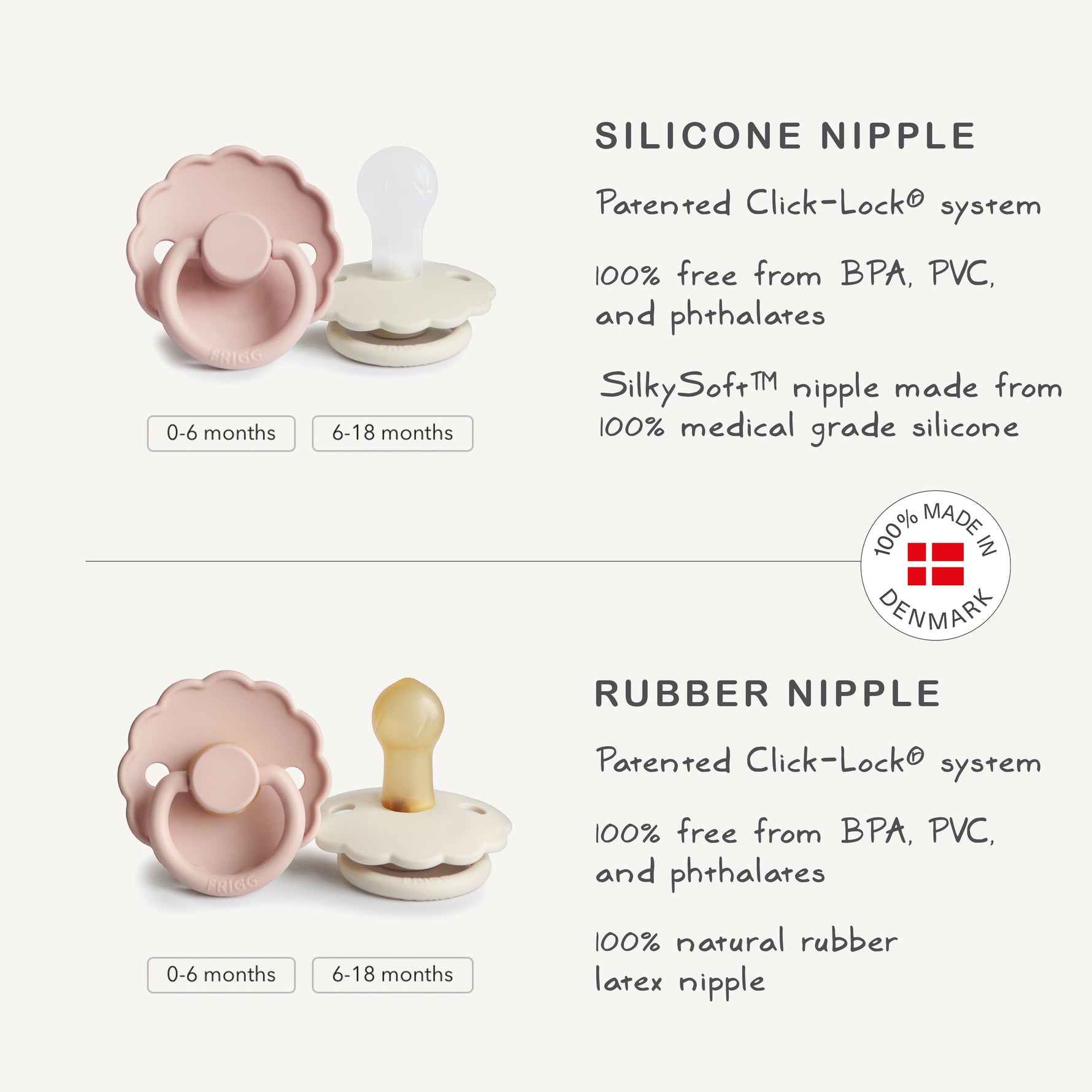 Two FRIGG Daisy silicone pacifiers in a 2-pack, featuring a charming daisy design and natural colors.